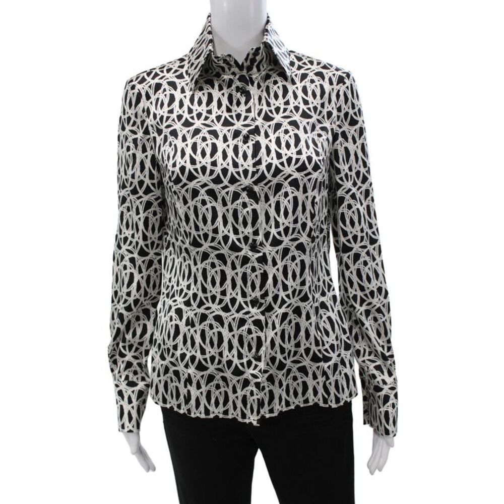 Carlisle Women Black Silk Geometric Collared Button Long Sleeve Blouse Size 2